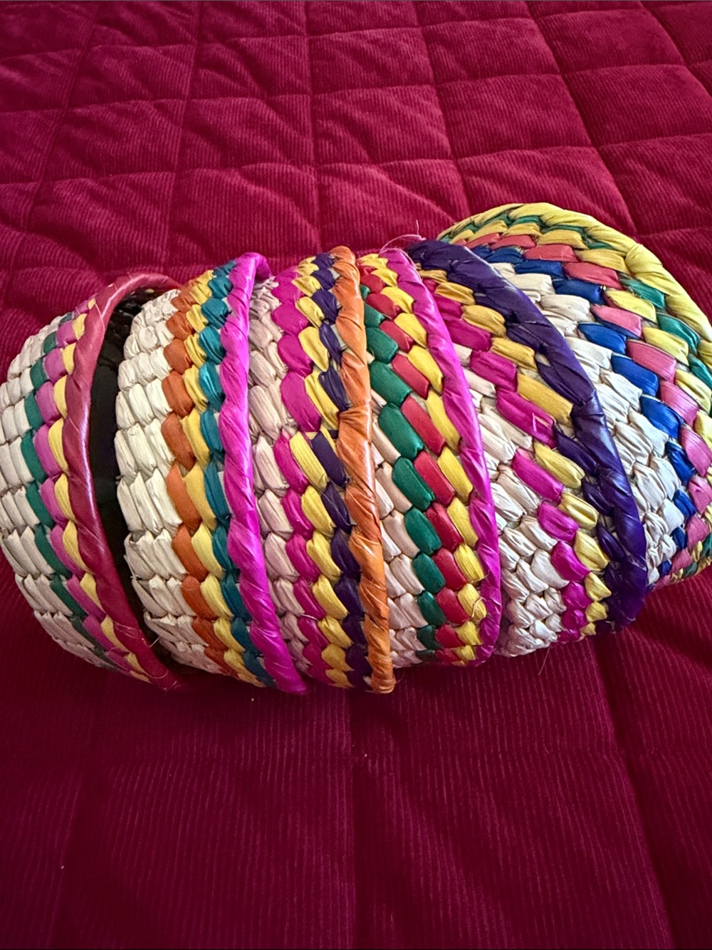 6 MEXICANA Handwoven Round Baskets - Natural, Pink, Yellow, Orange, Purple - Picture 2 of 3